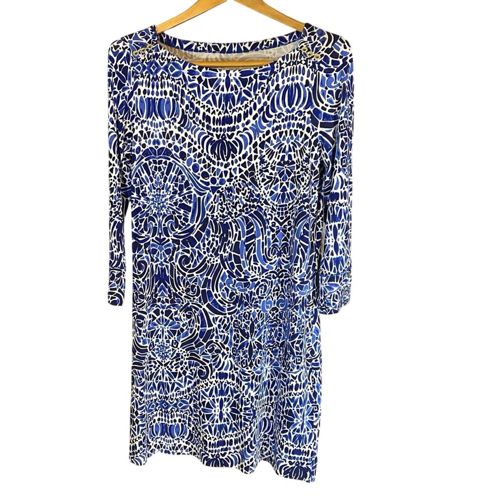 Lilly Pulitzer Blue White Mosaic Print UPF 50+ Dress Medium NWT Sun Protection